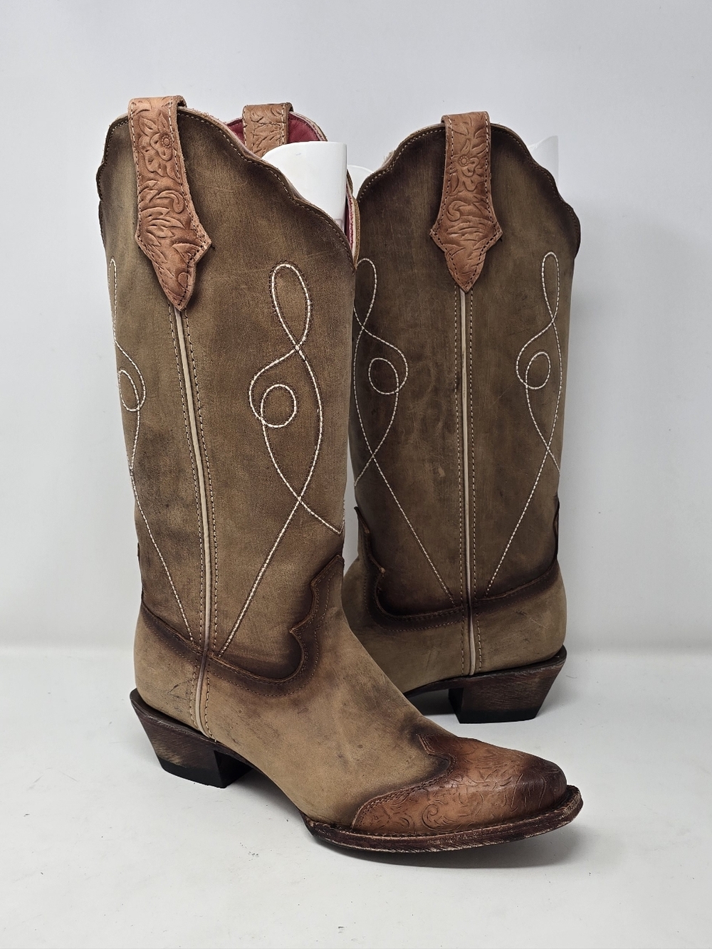Ferrini women 9 Madison tooled western brown leather cowgirl boot snip toe